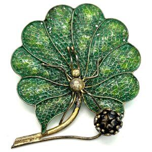 Vintage Art Deco Spider Brooch Green Leaf Flower 800 Silver Gold-tone Wash